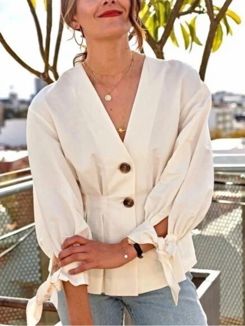 Zara Breathable Cotton Linen Blend Puff Sleeve Blouse w Bow Details Pleated XS